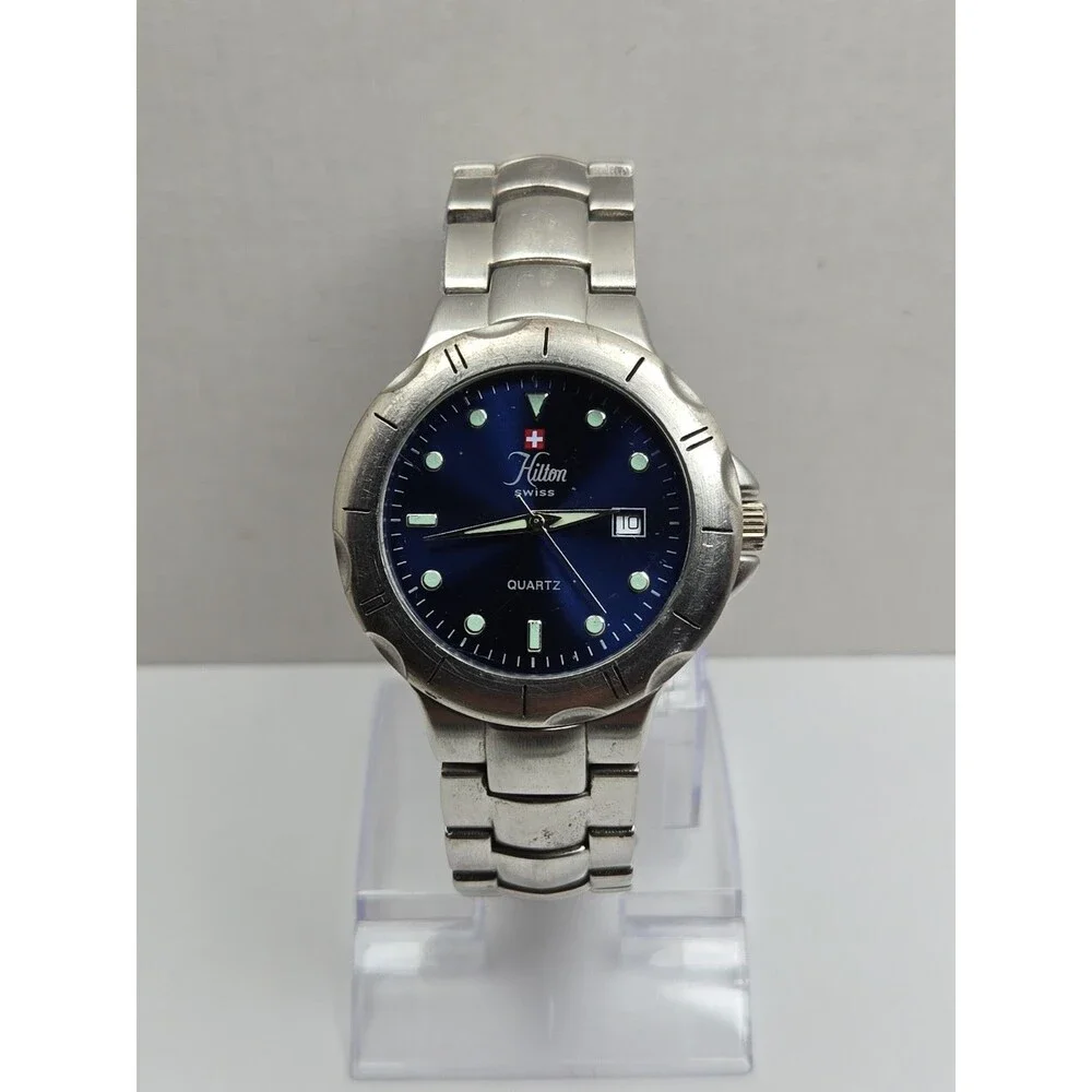 Hilton Swiss Mens Blue Dial Quartz Silver Bracelet Date Sports Watch New Battery